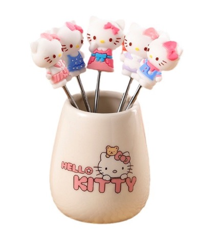 HELLO KITTY硅胶公仔卡通不锈钢水果叉套装（5支装）